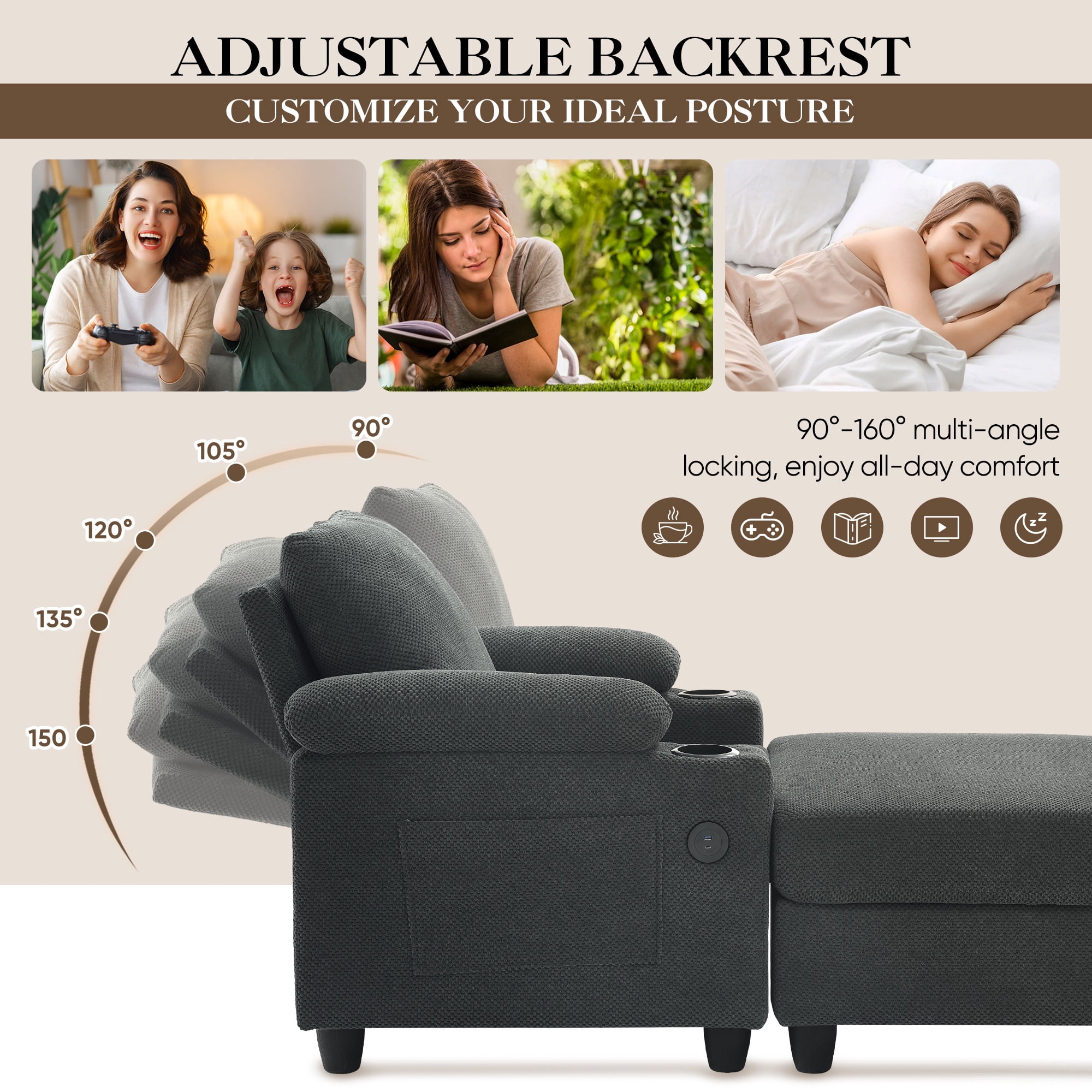 Lunale Accent Chair with Storage Ottoman & Adjustable Backrest, Chaise Lounge Chair Indoor with USB, Living Room Reading Armchair, Gray