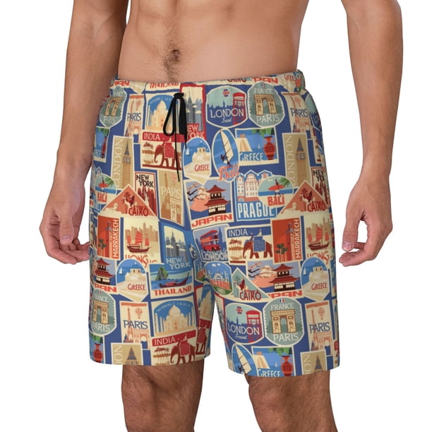 Balery Set Of Travel Vintage Bañador para hombre, shorts de playa de secado rápido con entrepierna y forro de compresión-Medium