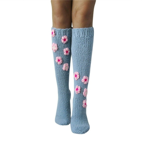 Genuiskids Women Juniors Cable Knitted Long Stockings Knee High Socks Winter Warm Over The Calf Socks Crochet Flower Knit Socks Leg Warmers for Teen Girls
