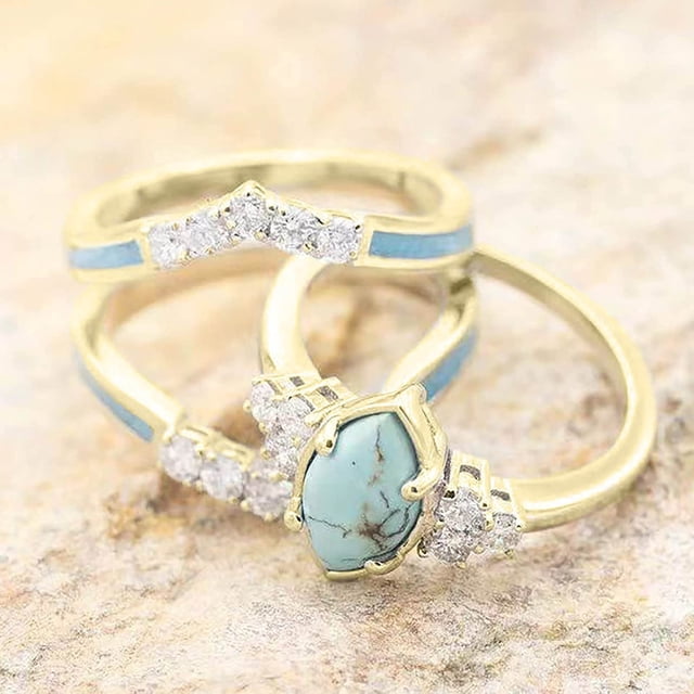 Fashion 3PCS Ring Set Natural Turquoise Diamond Rings Mothers Day Birthday Gift Jewelry For Women