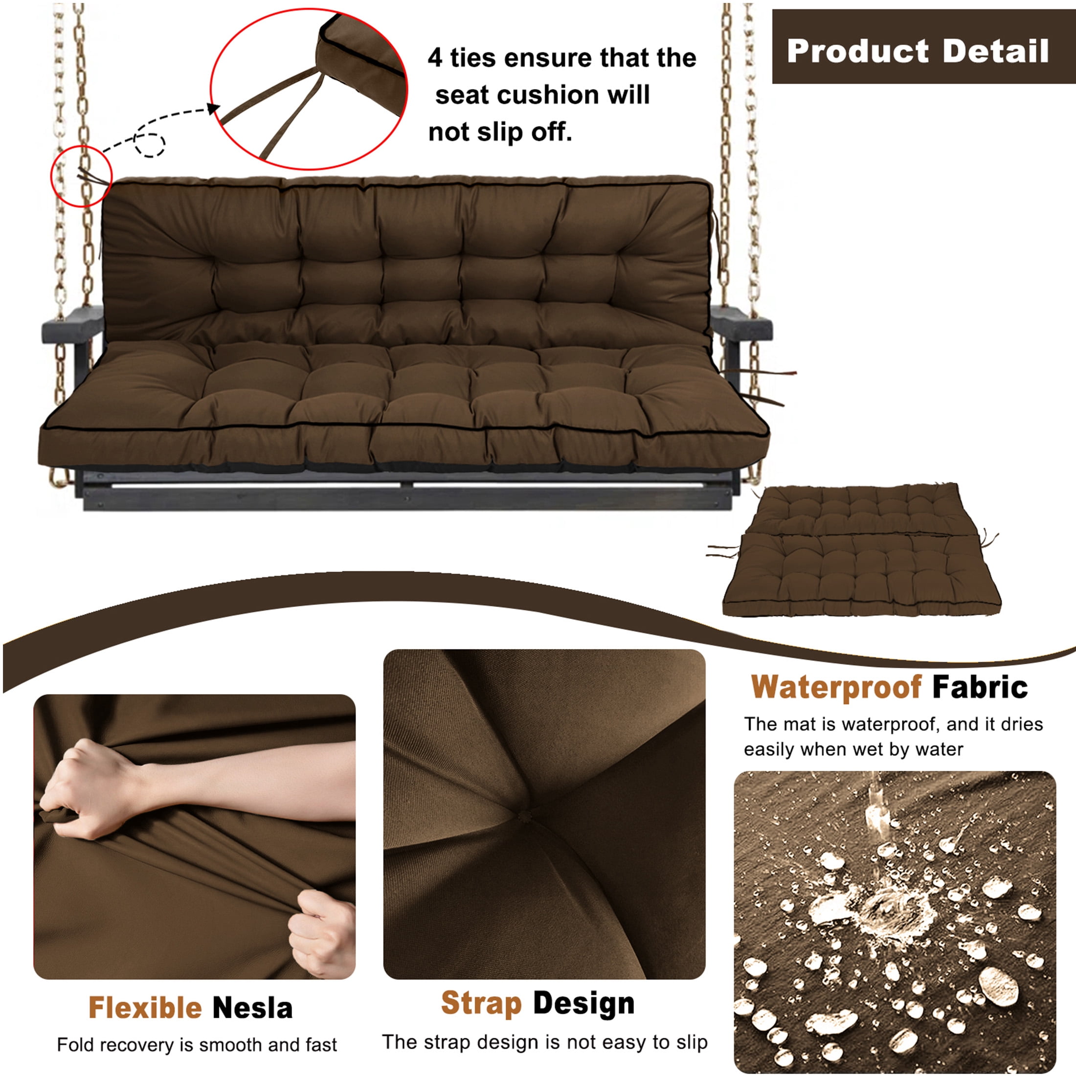 Porch Swing Cushion Thicken 4", 55" Swing Cushions 2-3 Seater Replacement, Waterproof Bench Cushions with Backrest, Anti-Fading Patio Swing Chair Pads for Outdoor Garden Furniture