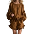 thumbnail image 2 of Muscularfit Vacation Sets 2 Piece Sets for Women Going Out Pleated Travel Set Flounce Sets Brown Crew Neck Full Length Long Sleeve Outfit Sets for Women,XL, 2 of 5