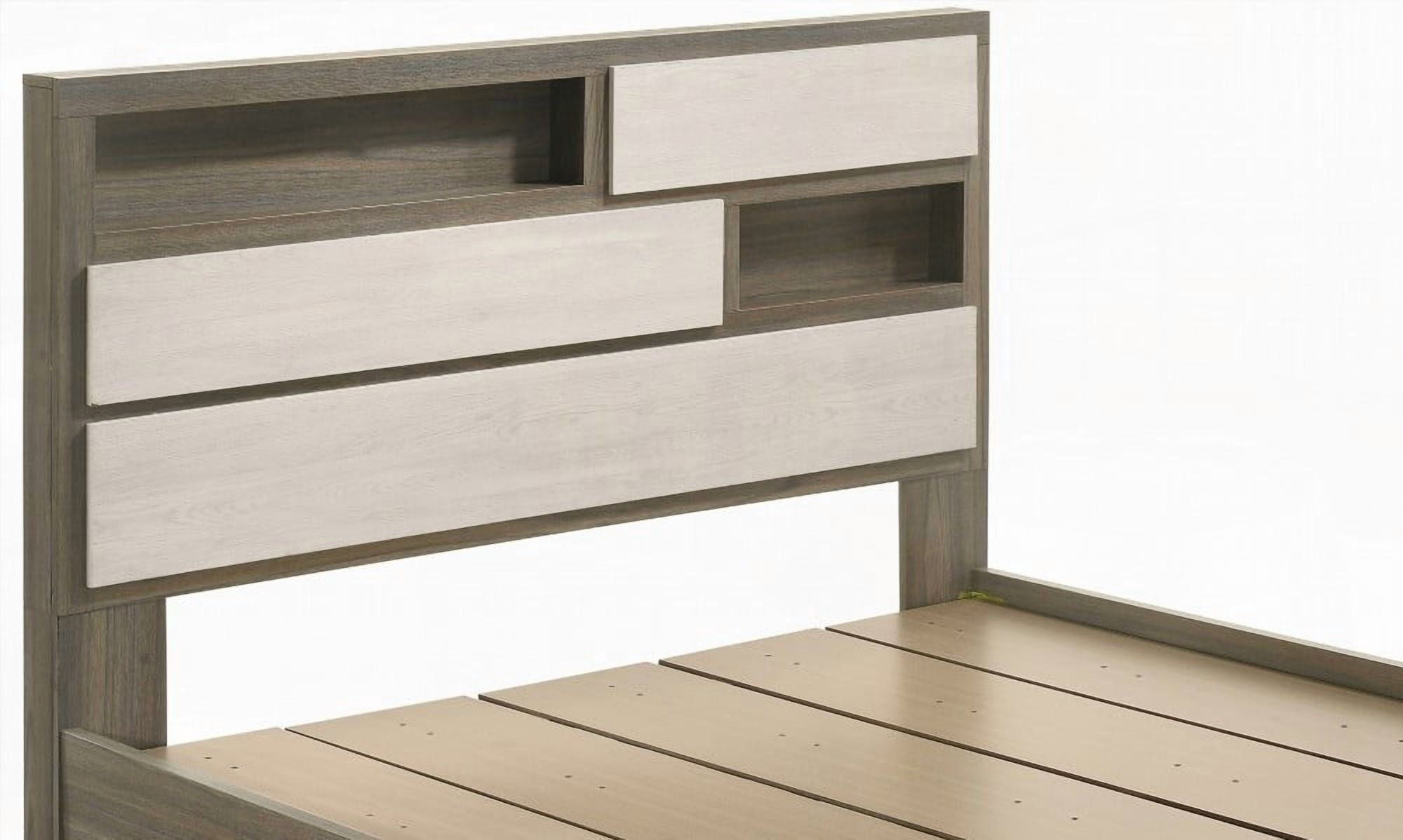 Modern King Bed Made of Wood in Beige & Brown with Two-Tone Headboard