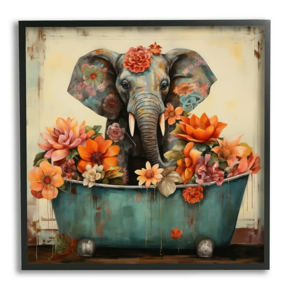 Stupell Industries Rustic Floral Tub Elephant Animals & Insects Painting Black Framed Art Print Wall Art, 12 x 12