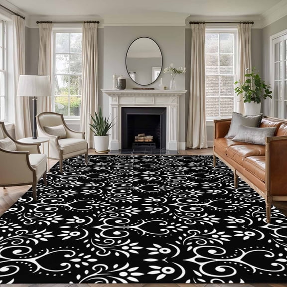 Area Rug for Living Room, Black Spring Floral Non-Slip Indoor Large Carpet for Bedroom/Dining Room, Modern Abstract Art Farmhouse Washable Low-Profile Rectangle Floor Runner Rugs - 5 x 7 Ft