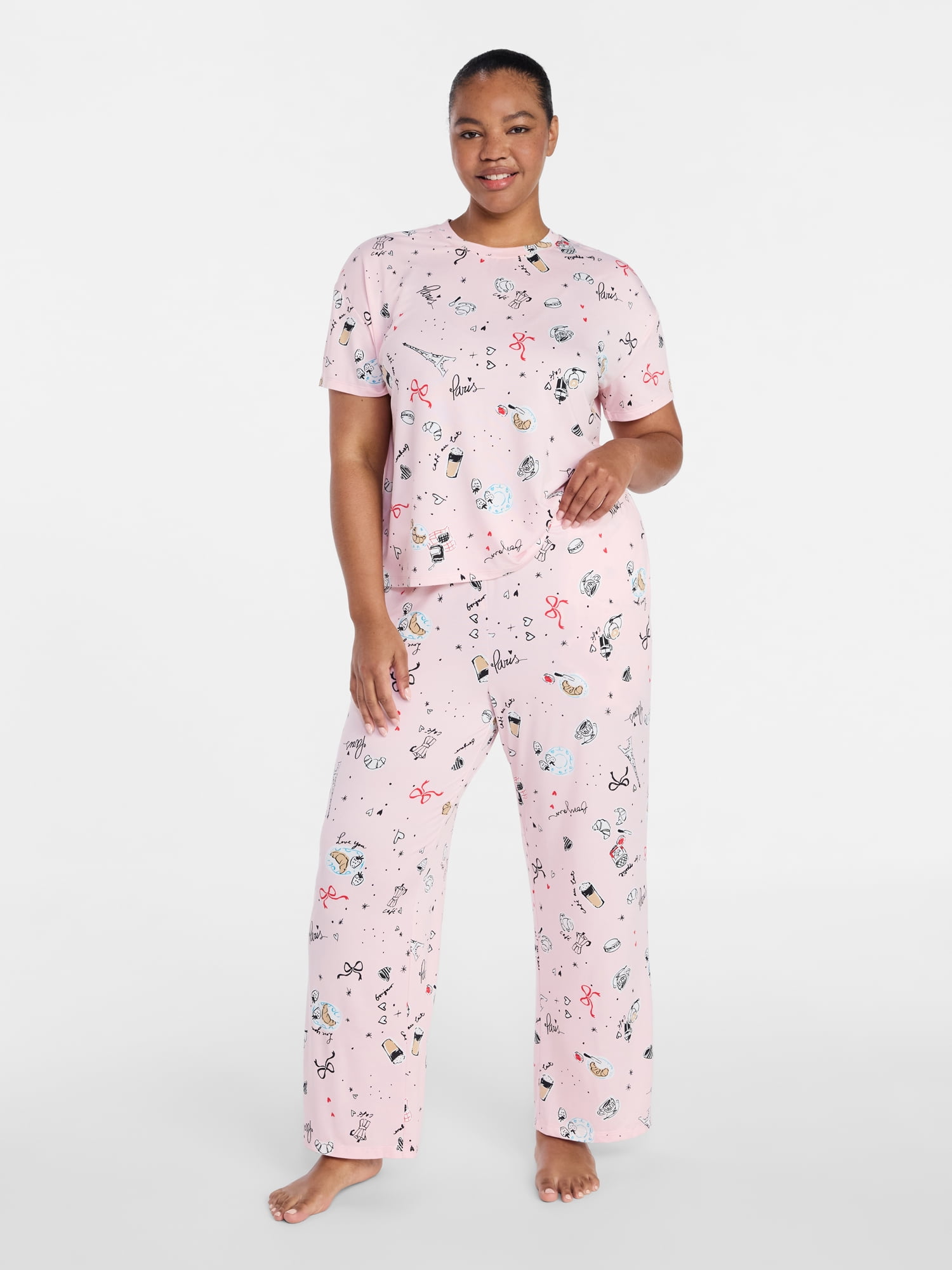 Joyspun Women's Dreamy Soft Collection Short Sleeve Sleep Top and Open Leg Pants Pajama Set, 2-Piece, Sizes XS-3X