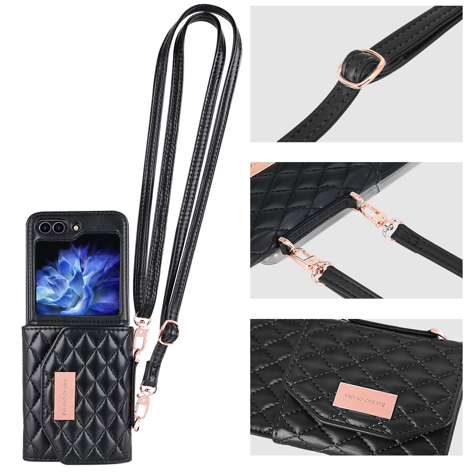 for Samsung Galaxy Z Flip 6 Case with Card Slots, [Crossbody Strap] [RFID Blocking] Women Girls PU Leather Wallet Case Lanyard Crossbody Bag Phone Case for Samsung Galaxy Z Flip 6,Black