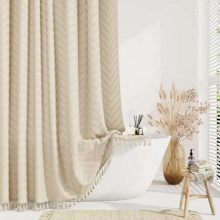 Dynamene 78 Inches Long Shower Curtain, Boho Tufted Chevron Striped Tall Cloth Shower Curtains For Bathroom Decor, Large Hotel Spa Luxury Shower Curtain Set With Hooks, Wrinkle Free, Beige, 72X78