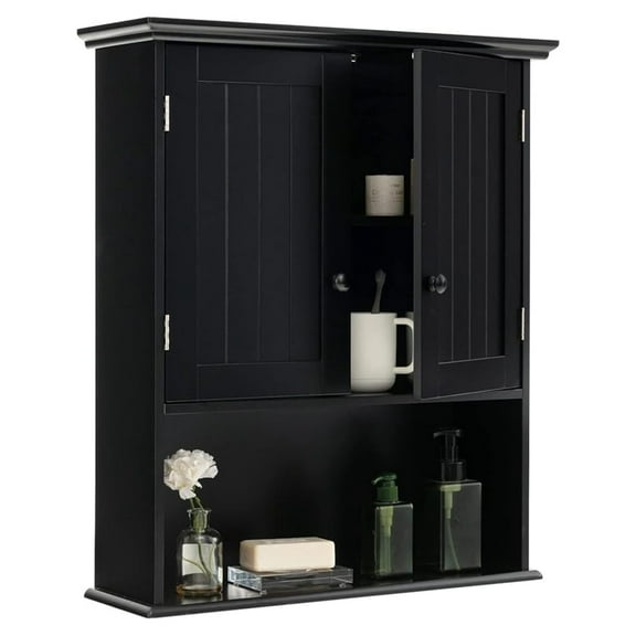WDZS Wall Mount Bathroom Cabinet Wooden Medicine Cabinet Storage Organizer with 2-Doors and 1-Shelf Cottage Collection Wall Cabinet (Black)