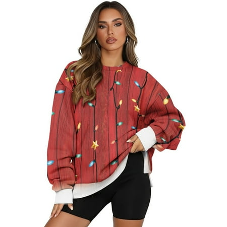 SCRAWLGOD Christmas Light Strip Wood Grain Red Fall Sweatshirts for Women Long Sleeve Pullover Tops with Pockets Crewneck Drop Shoulder Comfortable Clothes Casual Oversized Sweatshirt L