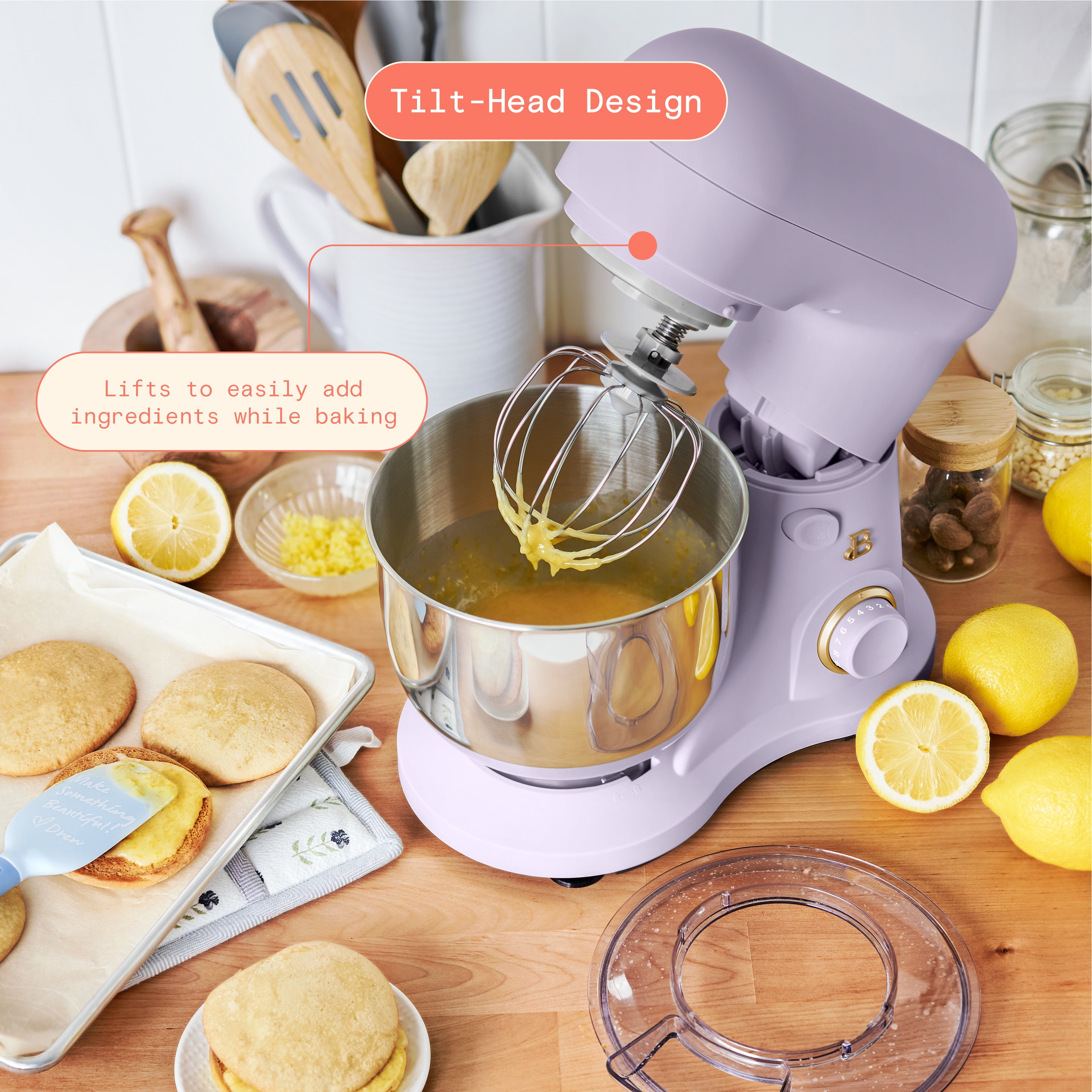 Beautiful 3.5 Qt Stand Mixer, Lavender with Flat Beater, Dough Hook, Wire Balloon Whisk