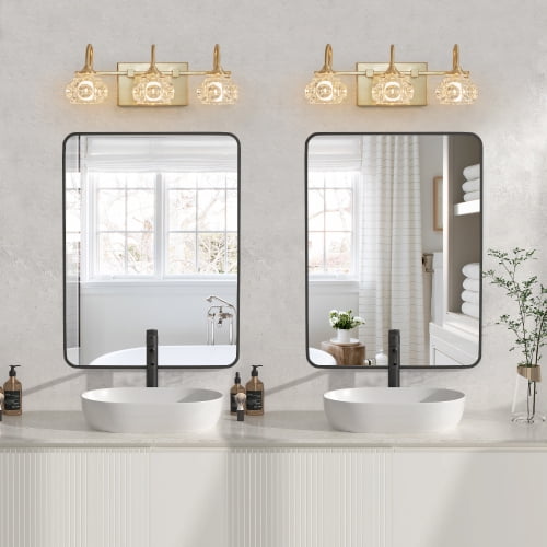 ACE-LIGHTS,Retro 3-Light Bathroom Vanity Light Fixture with Crystal Glass Shades(Bulbs Not Included),Wall Mounted Lighting for Bathroom,Dressing Room,Powder Room and Vanity Mirror(Golden）
