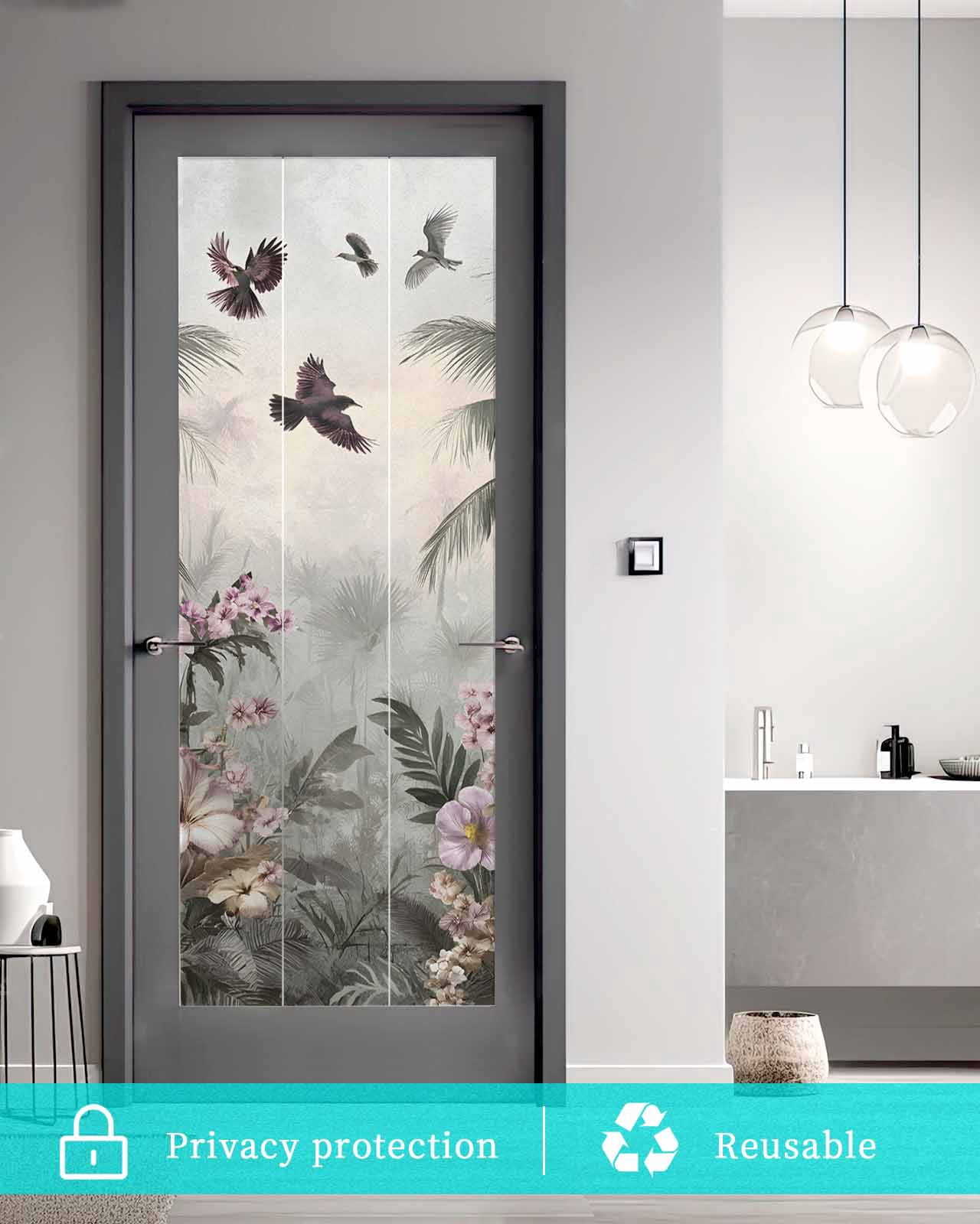 Window Privacy Film Vintage Botanical Stained Glass Window Film Decorative Sun Block Window Cover Retro Palm Tree Spring Floral Window Clings Static Adhesive Sticker for Bathroom 23.6"x59"