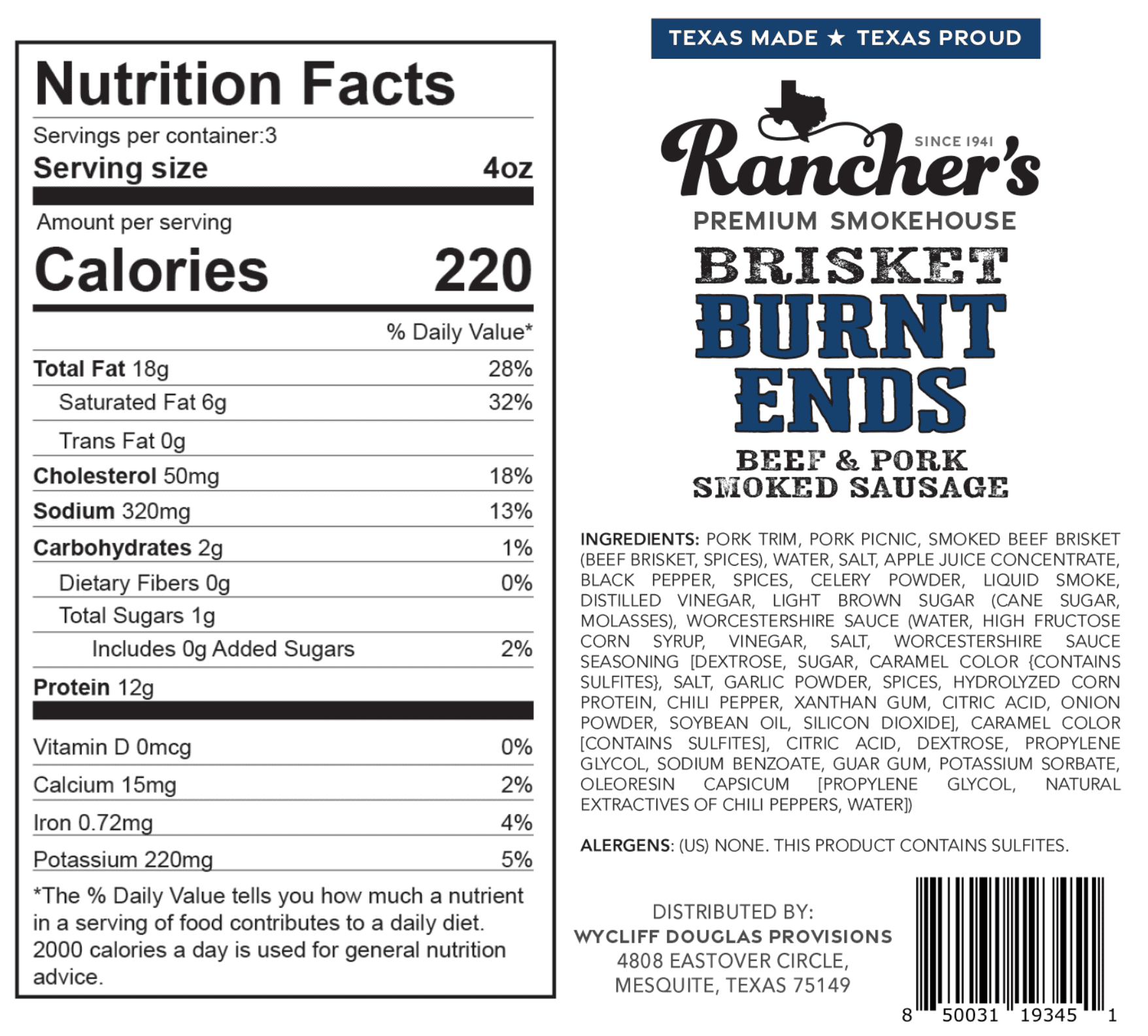 Rancher's Premium Smokehouse Brisket Burnt Ends Pork and Beef Sausage Links, 12 oz Refrigerated