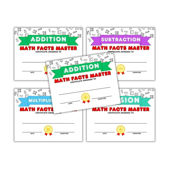 Math Facts Master Certificate of Achievement in Addition, Subtraction, Multiplication, and Division 100pk 25 Each 8.5x11 Paper Awards