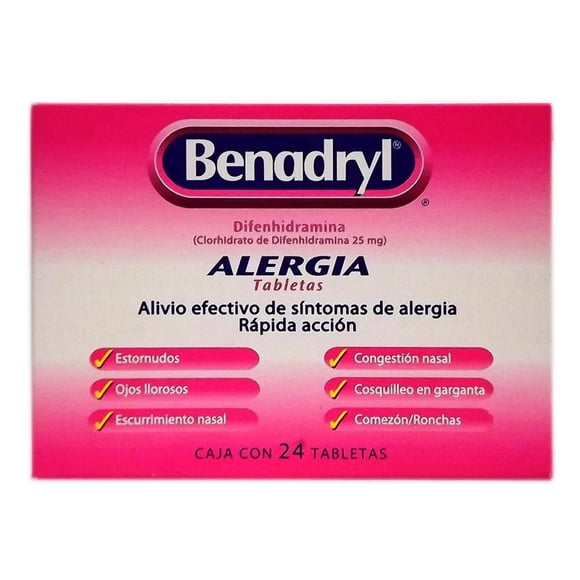 Benadryl Clorhidrato de Difenhidramina 25 mg 24 tabletas