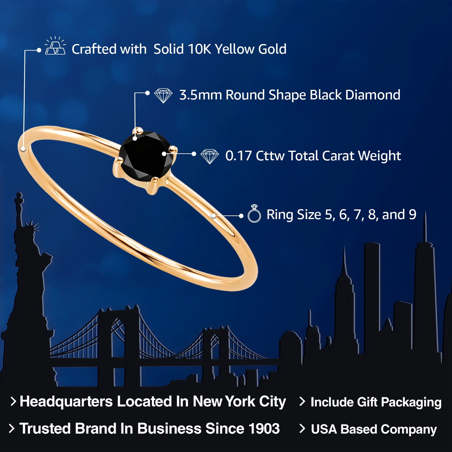Gem Stone King 10K Yellow Gold Black Diamond Solitaire Engagement Ring for Women (0.17 Cttw, Round 3.5MM, Gemstone April Birthstone, Size 6)