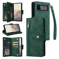 Feishell for Google Pixel 6 Wallet Case with Wrist Strap,Premium PU Leather Zipper Pocket Magnetic Buckle Folio Flip ID Credit Card Slots Shockproof Kickstand Phone Case for Women Men,Green