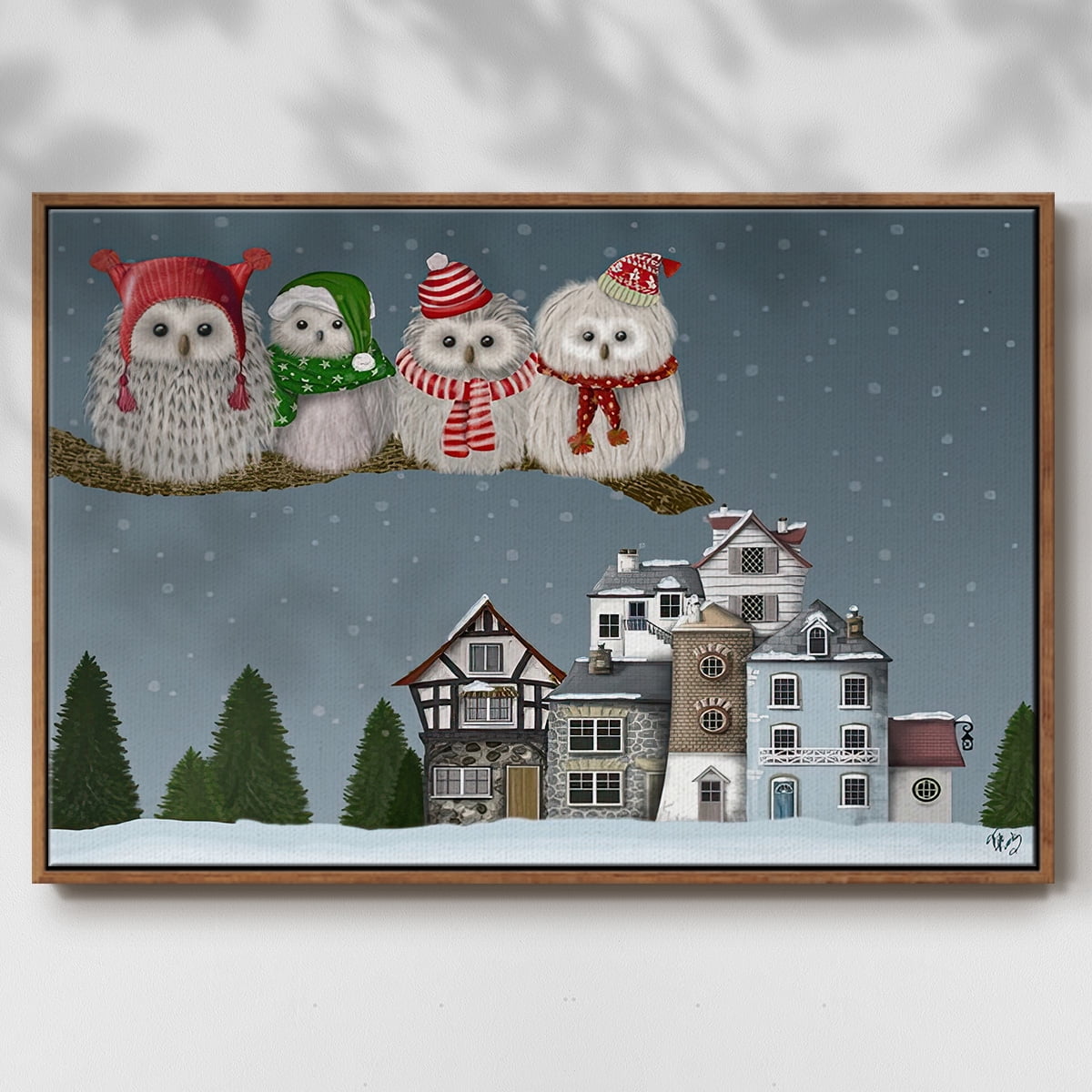 Christmas Christmas Owl Village - Framed Gallery Wrapped Holiday Canvas - 25 x 37 - Rosewood Frame