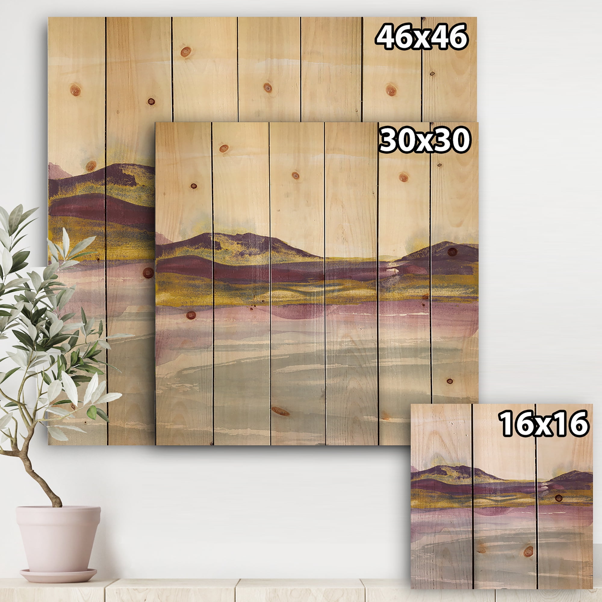 Designart 'Painted Purple and Gold Landscape II' Shabby Chic Print on Natural Pine Wood