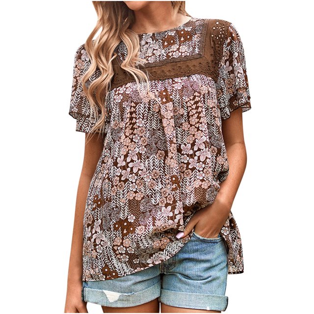 Blusa de manga corta con cuello redondo informal de primavera y verano con estampado de mujer OAVQHLG3B Store lin121212