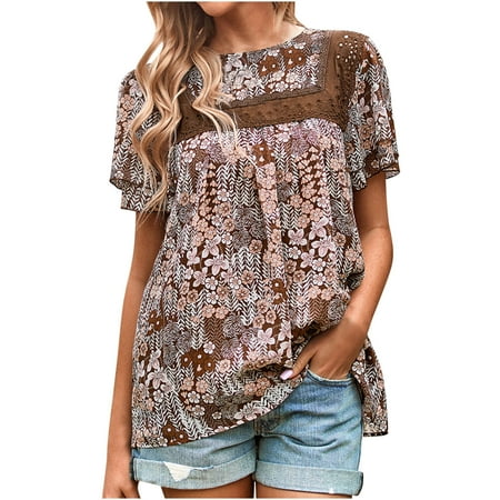 

SIMQOing Women s Summer Tunic Short Sleeve Round Neck Blouse Loose Casual Floral Print Tops