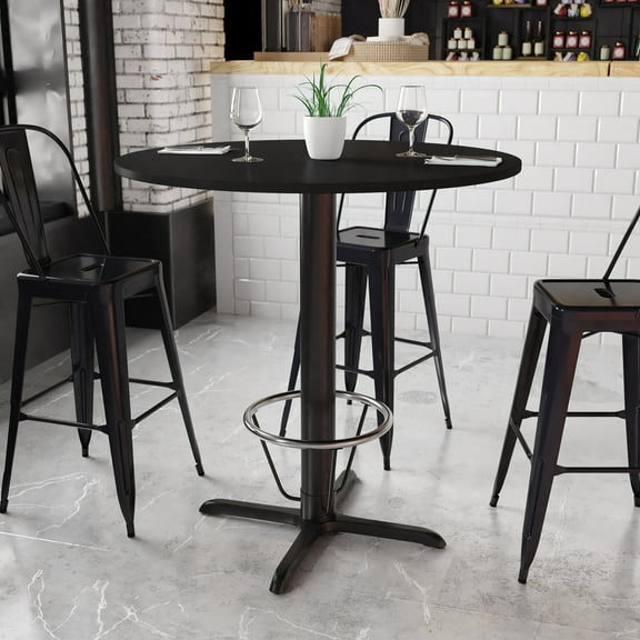 BizChair 42'' Round Black Laminate Table Top with 33'' x 33'' Bar Height Table Base and Foot Ring