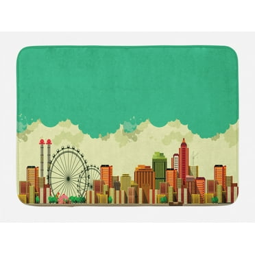 Ferris Wheel Bath Mat, Vintage Panaromic View of a Metropolis Consisting Skyscrapers Greenery Circus, Plush Bathroom Decor Mat with Non Slip Backing, 29.5" X 17.5", Multicolor, by Ambesonne