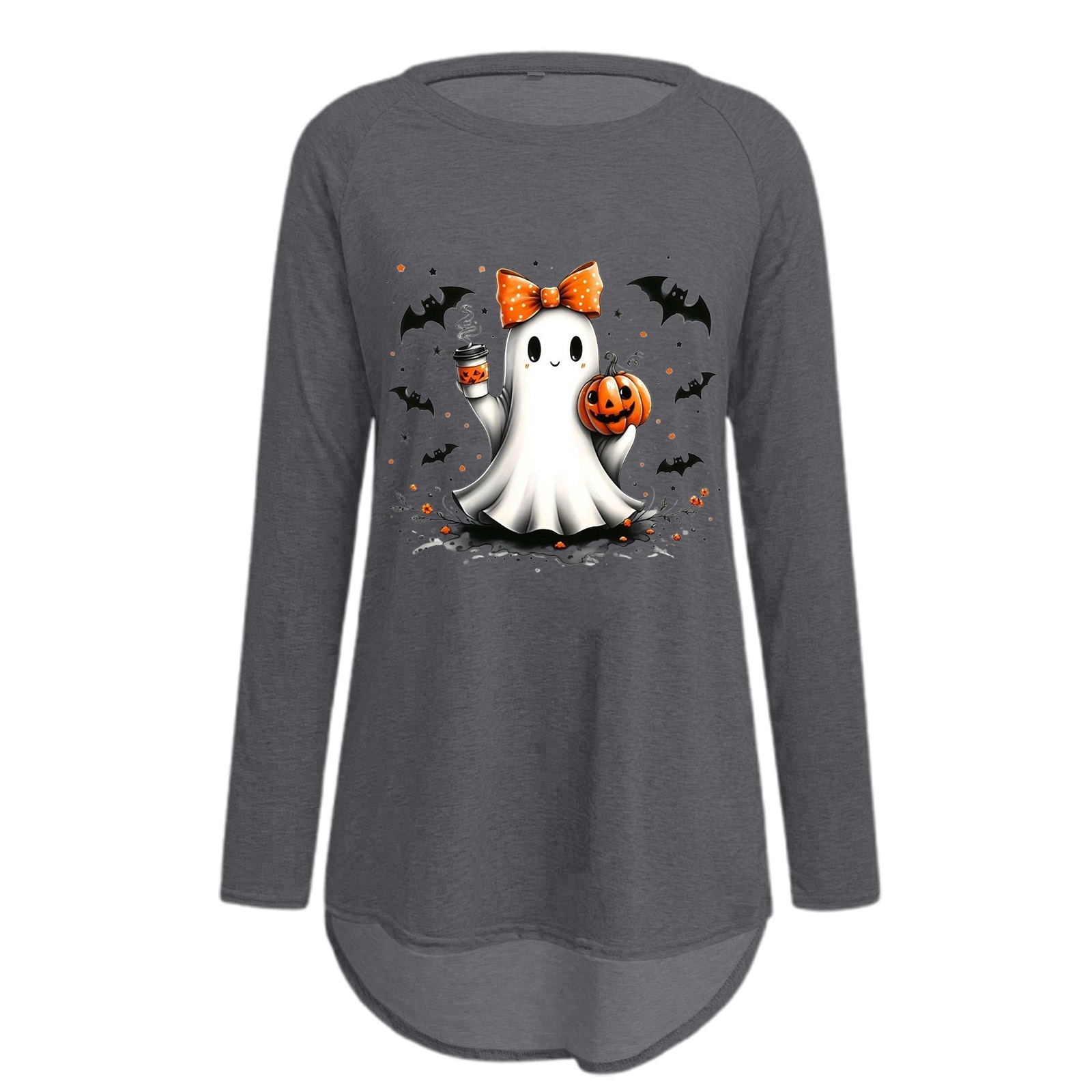 T-shirt Femme Manches Longues Halloween - Imprimé Graphique, Coupe Ample, Col Rond - Tissu Doux Pour Automne/Hiver