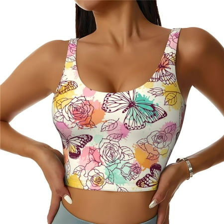 Xecao Butterflies and Roses for Sports Bra with Removable Pads  Crop Tank Top Design  Women s Longline Sports Bra - Non-Wired - Medium