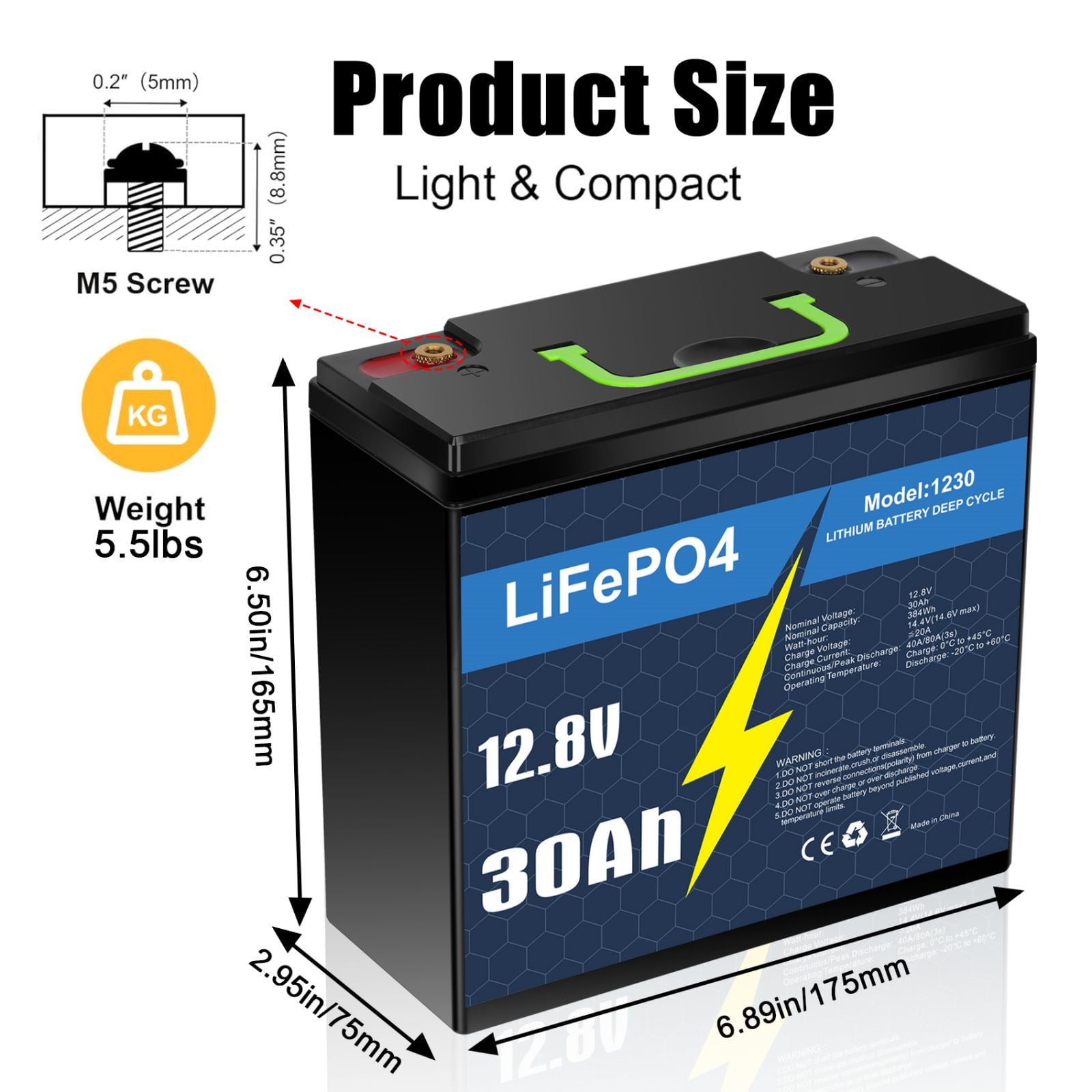 12V 30Ah LiFePO4 Lithium Battery with Smart BMS for Solar, Trolling Motor