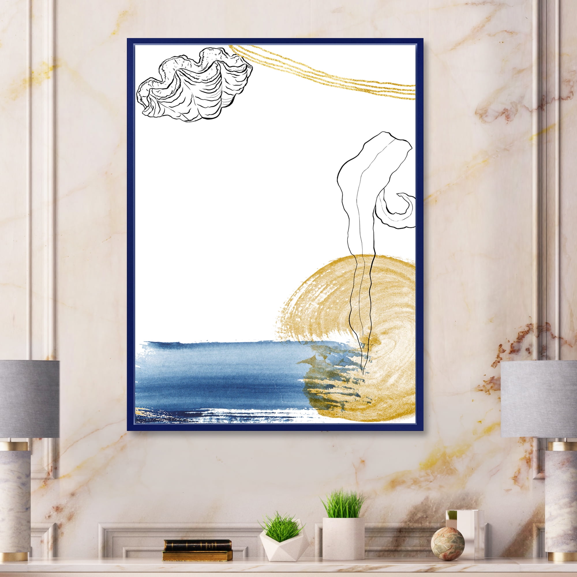 Designart 'Golden Marine Shell Classic Blue Abstract ' Farmhouse Framed Canvas Wall Art Print