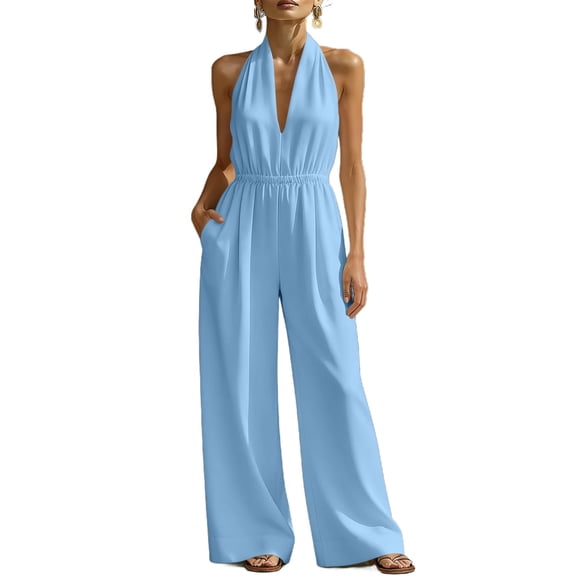 Kilaqueen Halter Jumpsuits for Women Deep V Neck Sleeveless Elegant Dressy Jumpsuits Casual Cinched Waisted Wide Leg Jumpsuit Boho One Piece Romper with Pockets