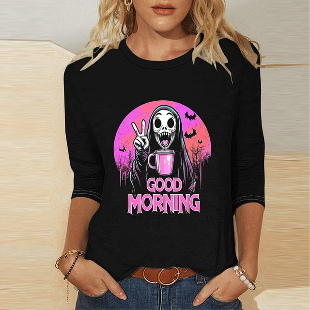 Heisall Womens Hoodies Halloween Print Round Neck 3/4 Sleeve Loose Fit Tshirts 2025 New Arrival Fashion Tops
