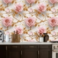 thumbnail image 2 of Boho Peel and Stick Wallpaper Pink Roses Golden Leaves Elegant Floral Marble Wall Mural 17.7in x 9.8ft Self Adhesive Removable Wall Paper Renter Friendly Wallpaper for Nursery Bedroom Cabinets, 2 of 8