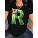 thumbnail image 1 of 1pc Watermelon Stripe Letter R Print T-Shirt, Women'S Fashion Casual Crew Neck Short Sleeve Tee, Polyester Knit Fabric, Medium Stretch, Geometric Pattern, All-Season Comfort Fit, 1 of 8