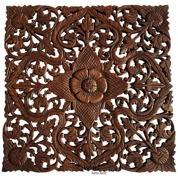 Floral Carved Wood Wall Art- Oriental Carved Lotus Wood Plaque 24" (Dark Brown)