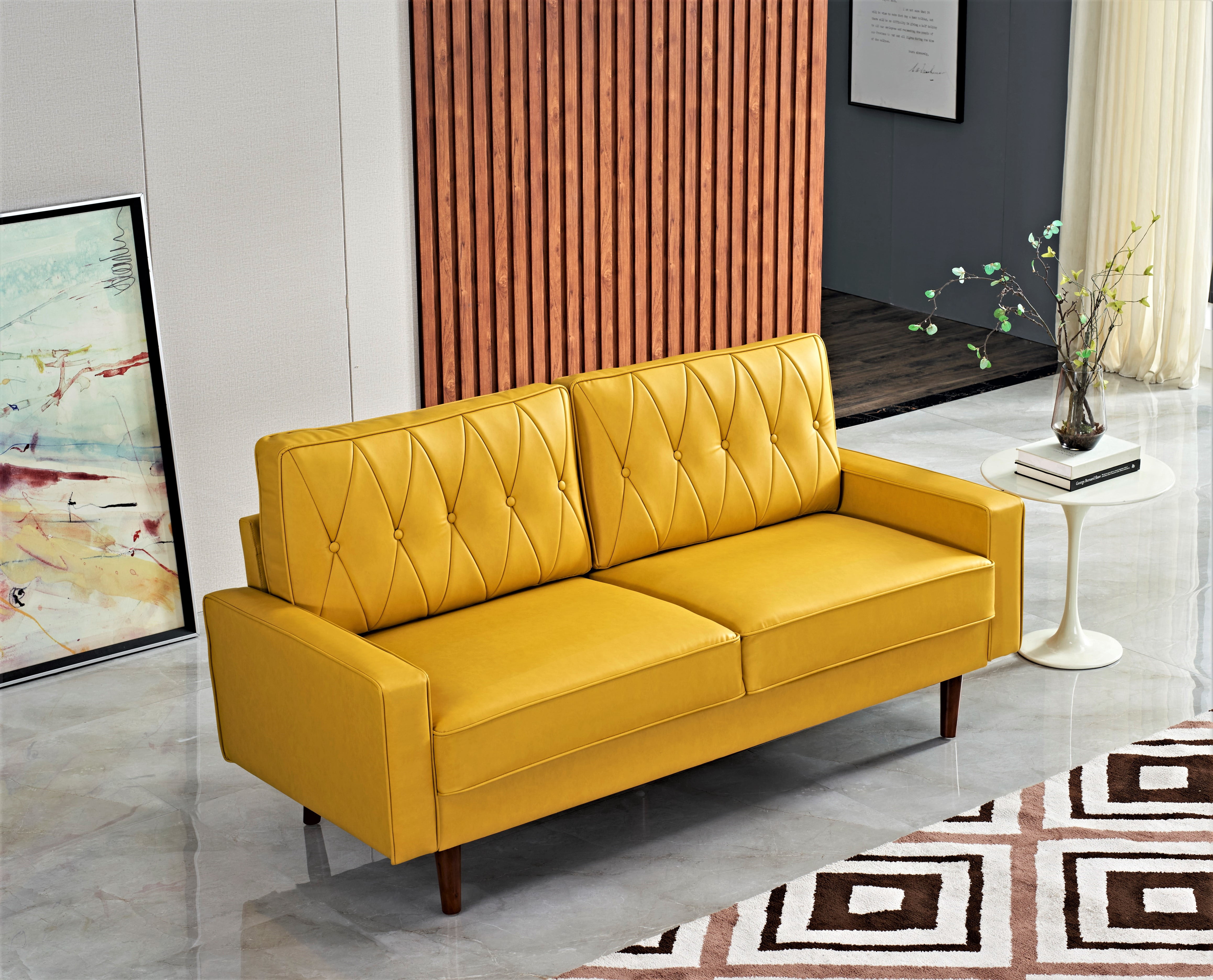Uspridefurniture Acire 69.3" Faux Leather Cushion Back Sofa, Mustard Yellow