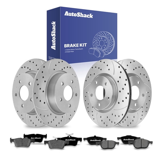 AutoShack Front Vented & Rear Solid Drilled & Slotted Coated Brake Rotors Silver Matte Finish   Premium Ceramic Pads 12-PC Brake Kit Replacement for 2013-2016 Ford Escape TurboGuard