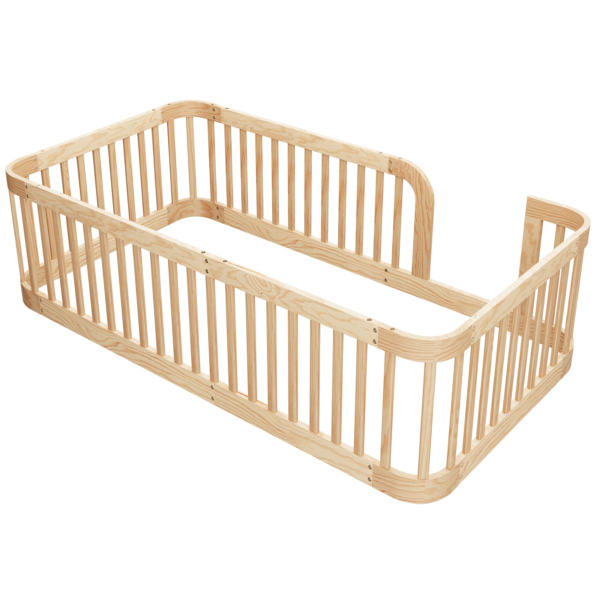 Euroco Twin Size Floor Bed with Fence for Kids and Toddlers, Natural
