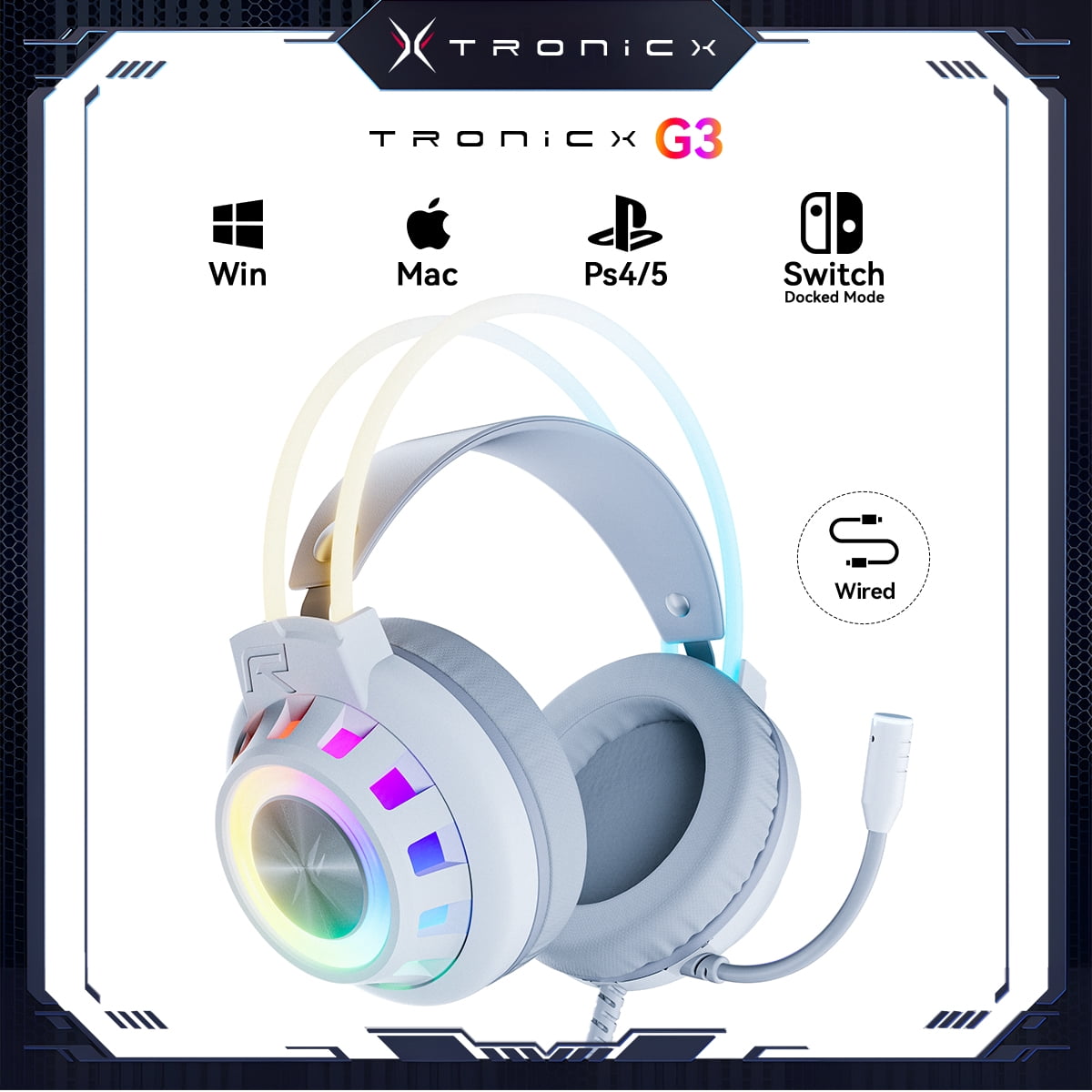 VEATOOL G3 USB Gaming Headset for PC, Computer Headphones with Microphone/Mic Noise Cancelling, 7.1 Surround Sound, RGB Light - Wired Headphones for PS4, PS5 Console, Laptop