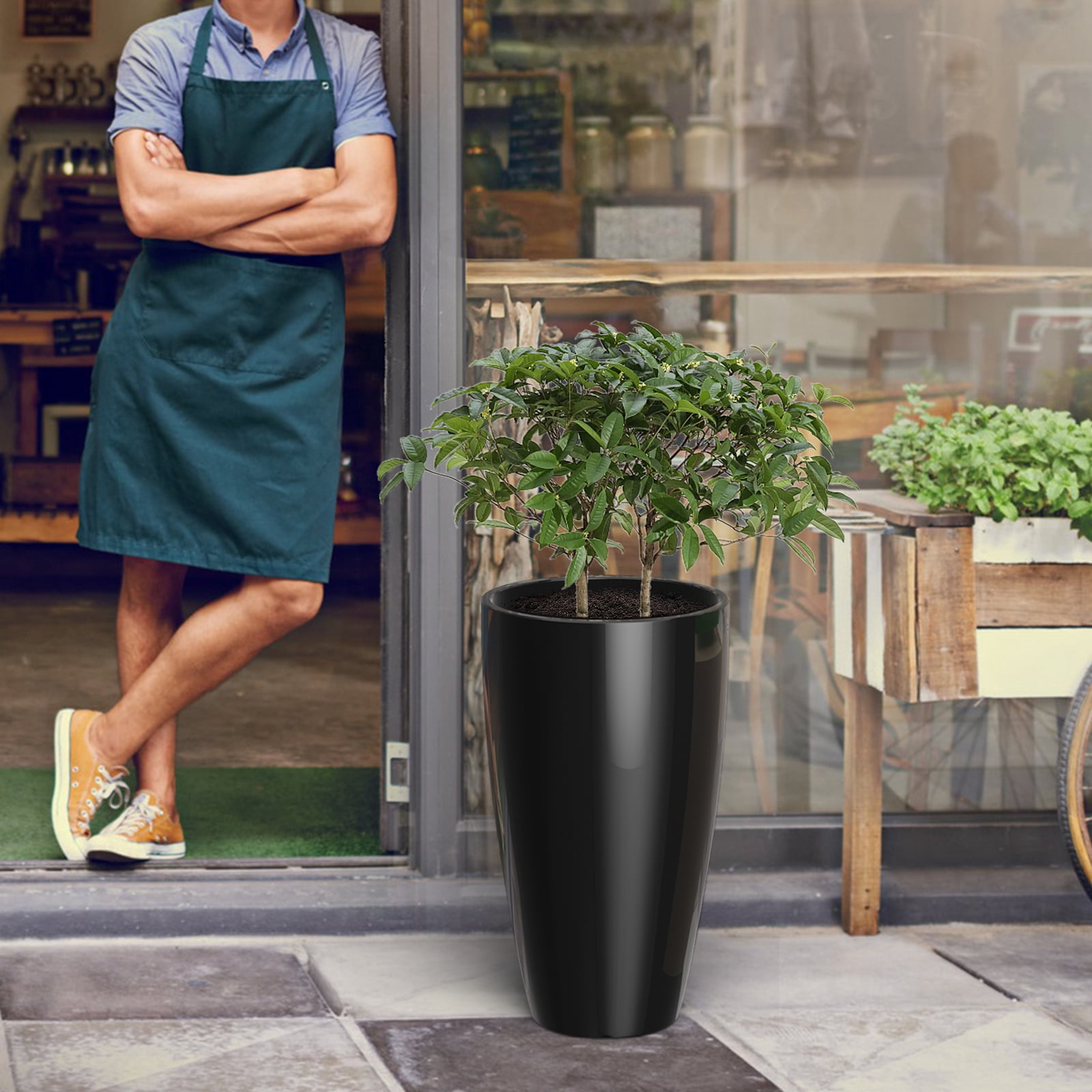 FIASON 2 Pack 21 Inch Glossy Black Tall Planters, Modern Flower Pots with Drainage Holes & Saucers, Indoor Outdoor Planters for Front Porch Patio Garden
