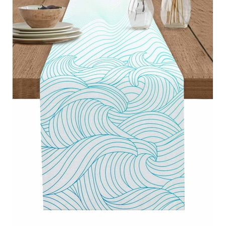 

Coastal Ocean Table Runner Modern Minimalist Sea Waves Striped Art Tablerunners 18 x 72 Inch Table Decorations Tabletop Scarf for Summer Gathering Holiday Farmhouse Kitchen Dining Decor