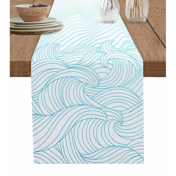 ERUNPONLY Coastal Ocean Table Runner - 70 Inch Long Modern Minimalist Sea Waves Striped Art Cotton and Linen Blended Dress Scarves Farmhouse Table Runner for Kitchen Dining, Coffee Table, 13"x70"