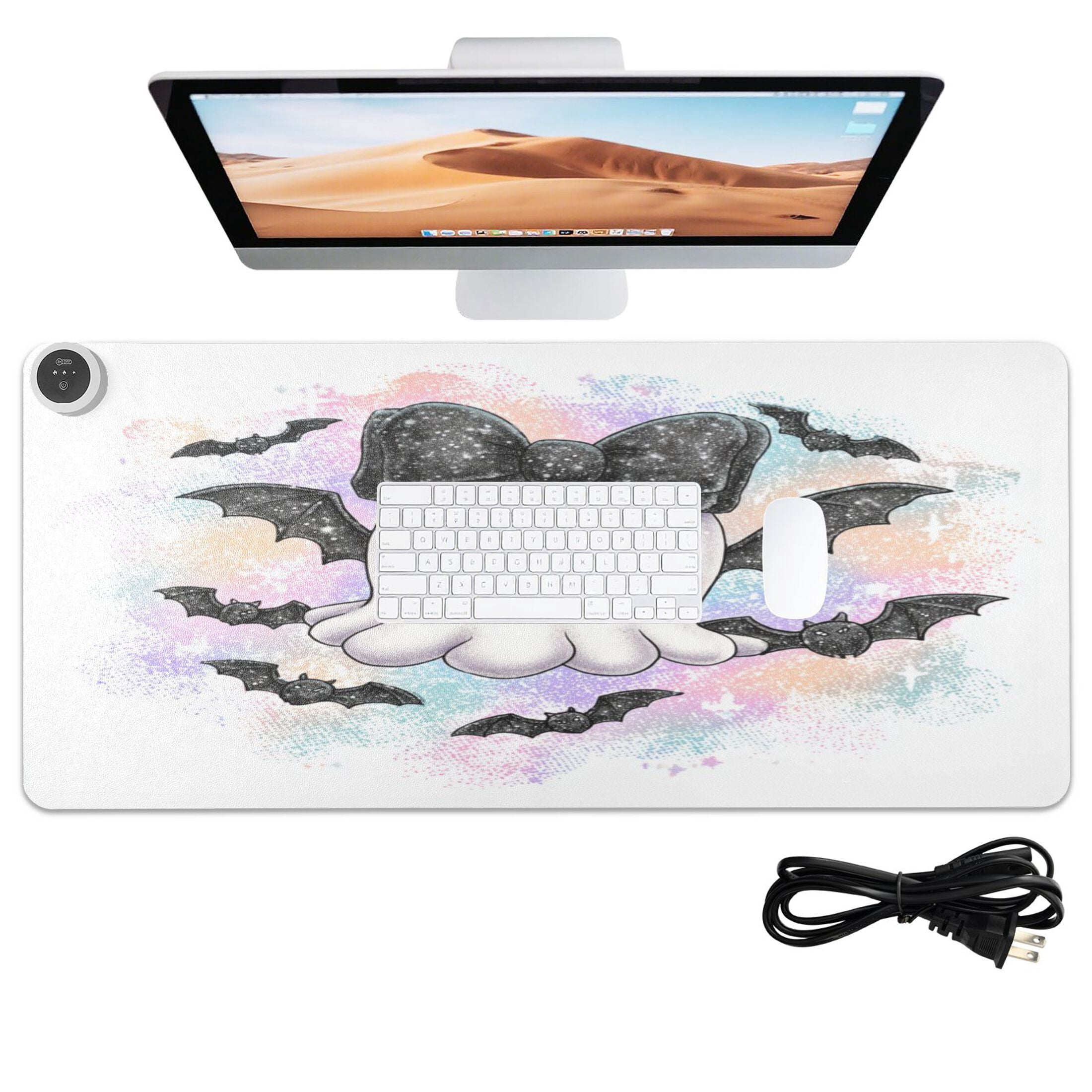 Large Heated Desk Mat Mouse Pad 31.5"x13"PU Leather Graphene Heating Desk Warmer with 3 Temperature Settings 110V US Plug Non-Slip Warm Pad for Home, Office, and Gaming Cute Black Bat Ghost