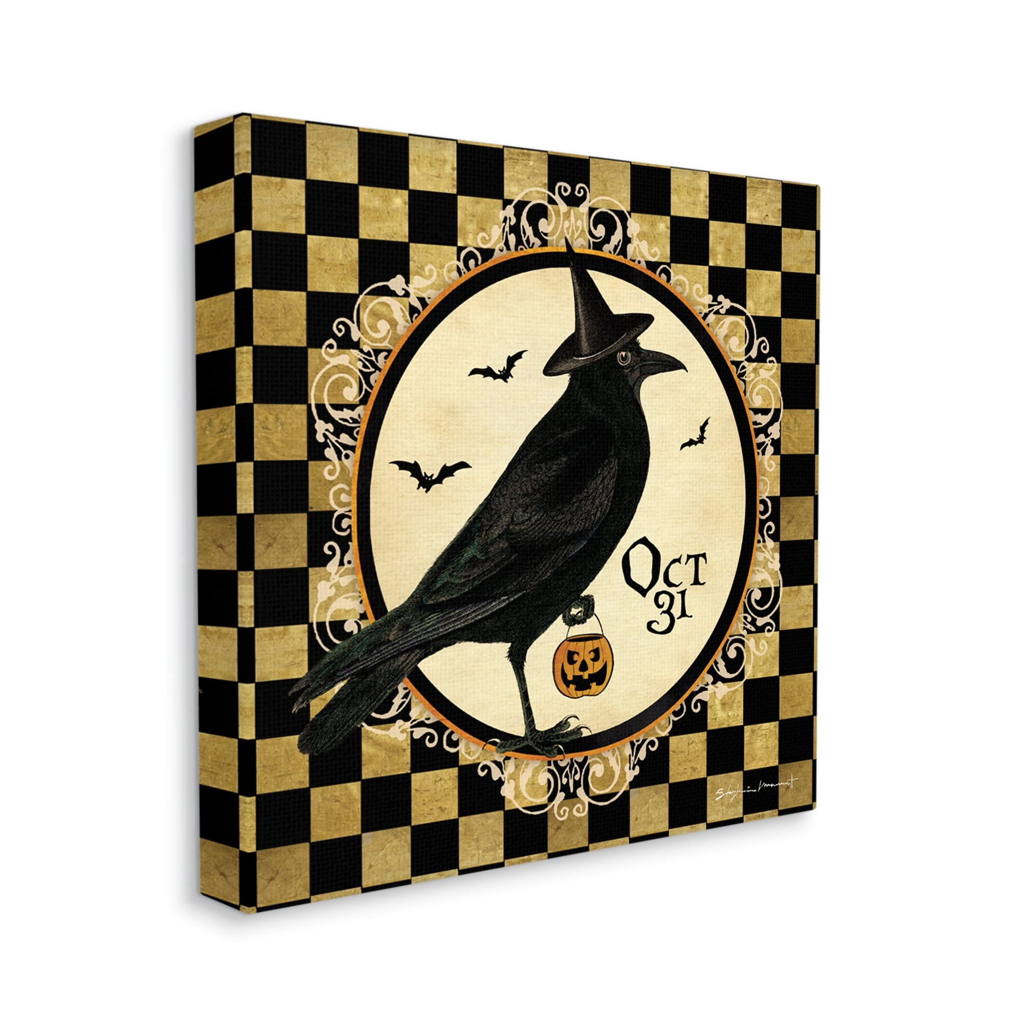 Stupell Industries Oct 31 Checkered Halloween Crow Holiday Painting Gallery Wrapped Canvas Print Wall Art