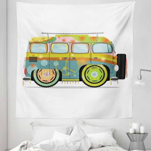 Urban Graffiti Tapestry, Hippie Campervan with Colorful Exterior Painting with Peace, Fabric Wall Hanging Decor for Bedroom Living Room Dorm, 5 Sizes, Multicolor, by Ambesonne