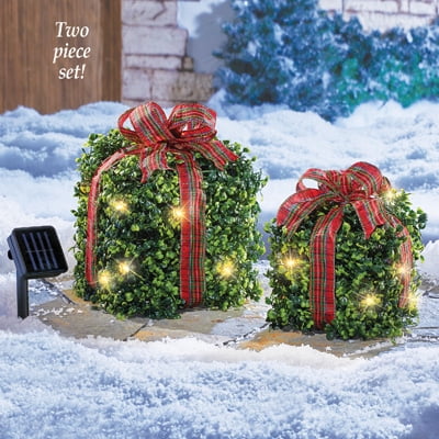 Solar Lighted Outdoor Christmas Topiary Presents Decorations Set of 2