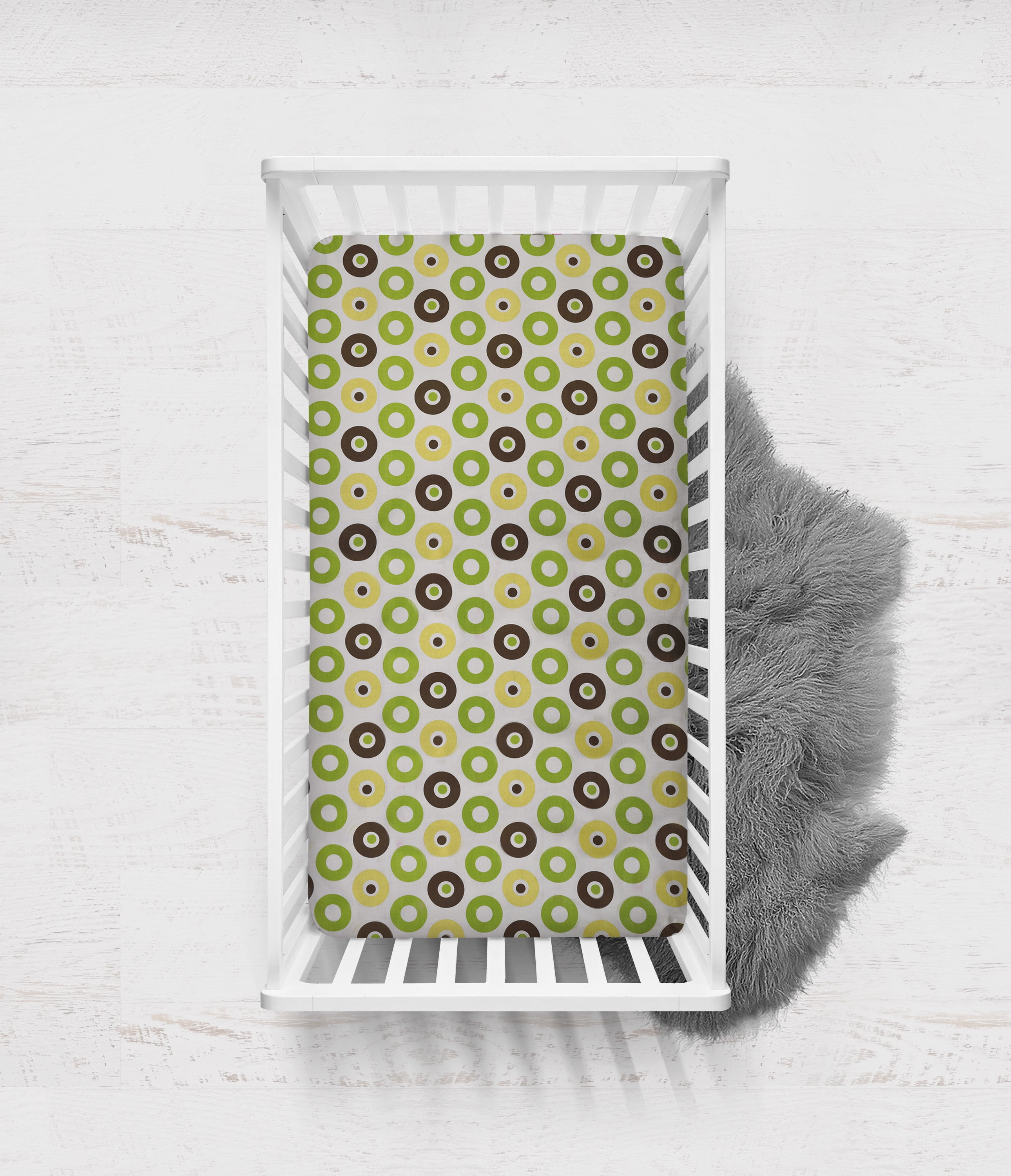 Bacati - Mod Dots Crib/Toddler Bed Sheets 100% Cotton Percale, Green/Yellow/Choc, 2-Pack