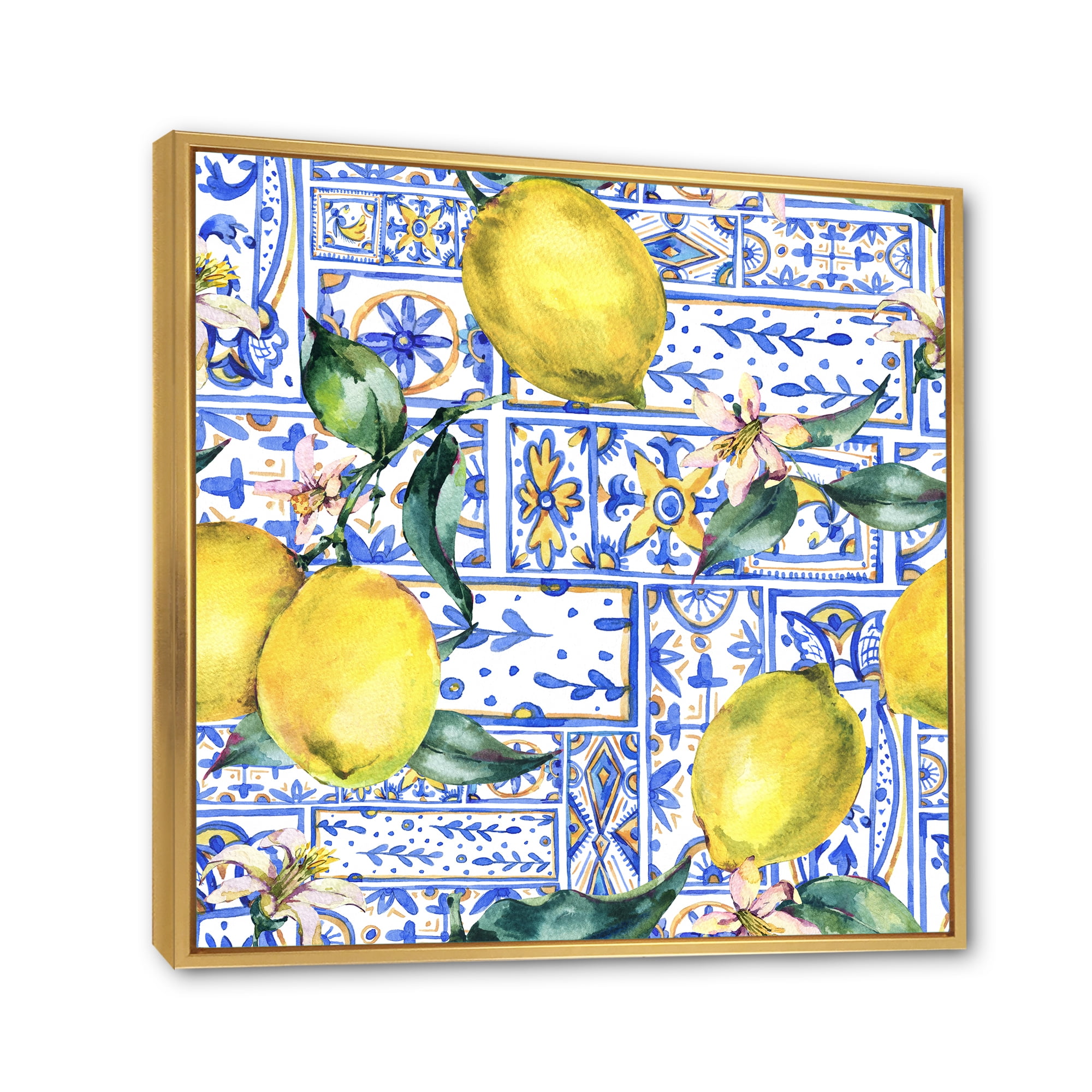 Designart 'Geometrical Pattern of Lemon Ornament On Blue I' Tropical Framed Canvas Wall Art Print